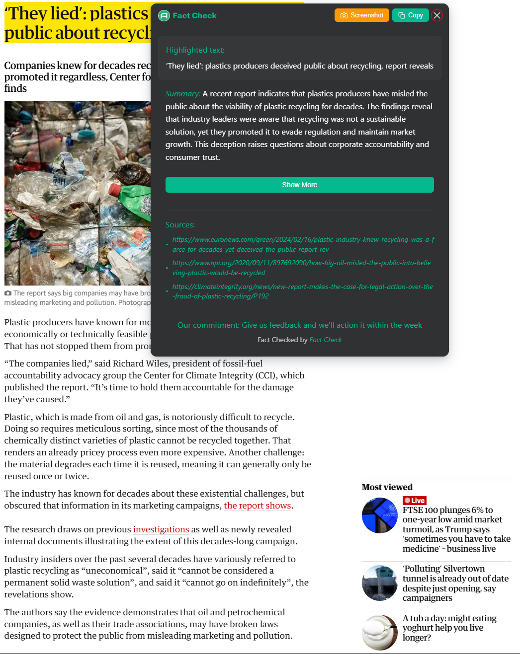 View the initial fact check results with summary and sources